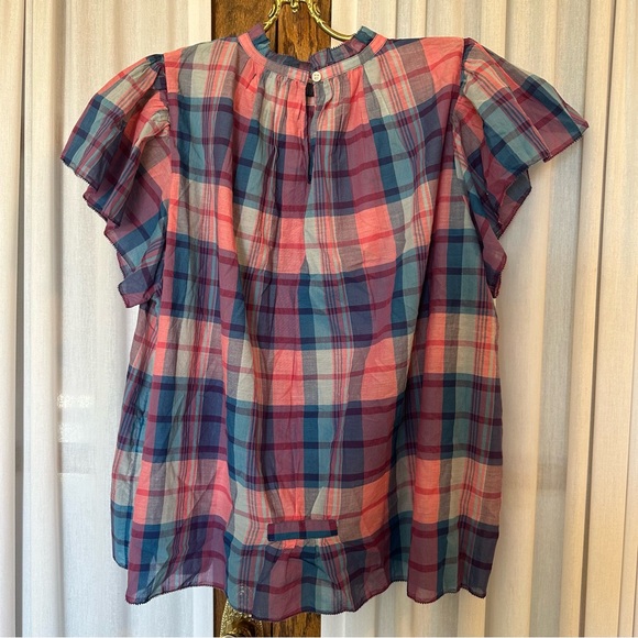 Trovata Birds of Paradis Blue Pink Plaid Carla High Neck Shirt - Picture 6 of 13